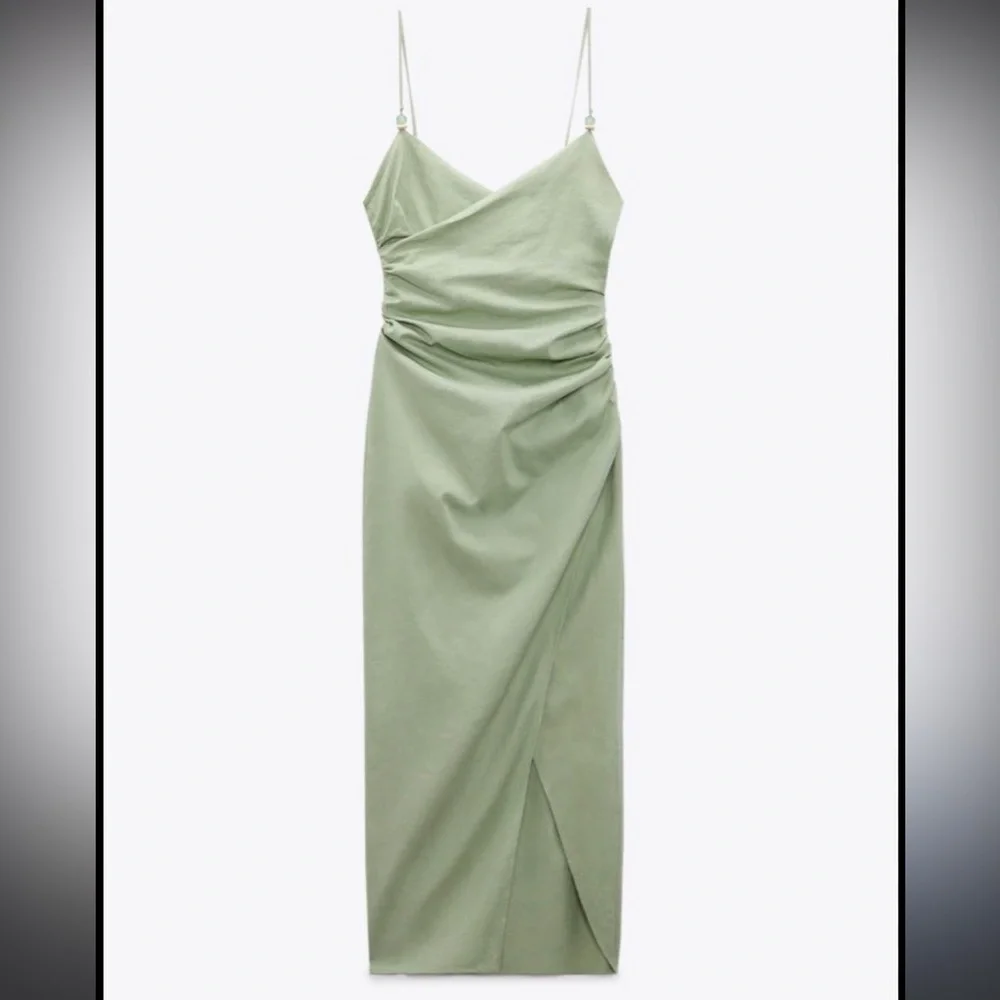 Zara Ruched Linen Blend Midi Dress Sea Green Size XS - Picture 2 of 11